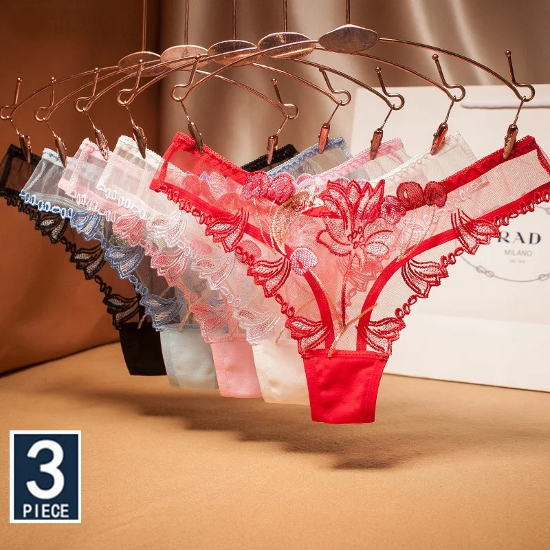 

3 Pcs/Lot Sexy Lace Tangas Mujer Women's Thong Panties Transparent String Woman Seamless Underwear Teen Girl's Thongs Stringi