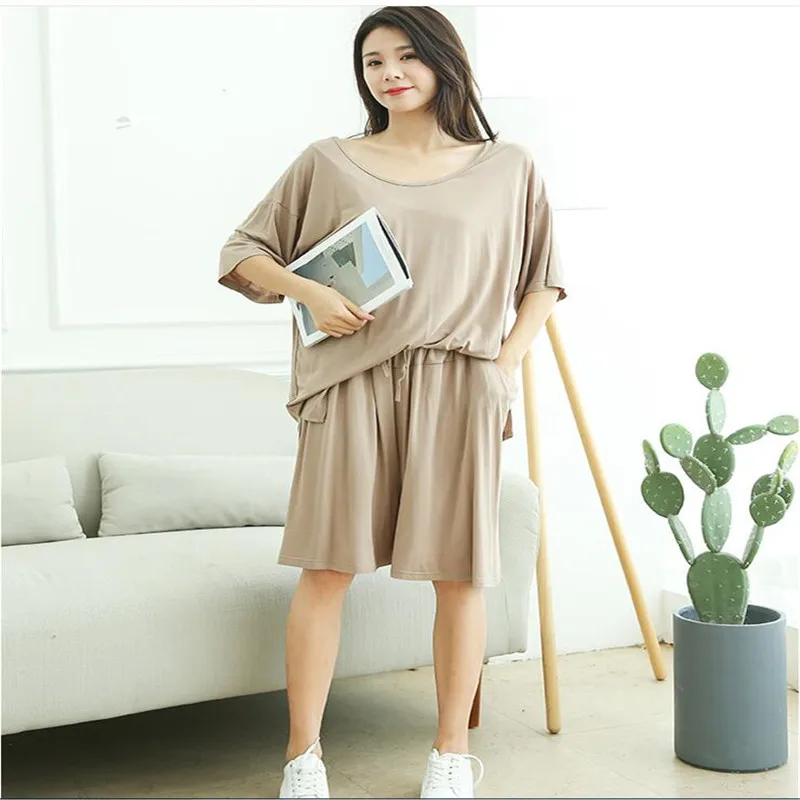 

Women Pajama Two-piece Set Sexy Backless Wide Loose Modal Loungewear Nightgown Home Suits Set Plus Size 2xl 3xl Pink Green Black