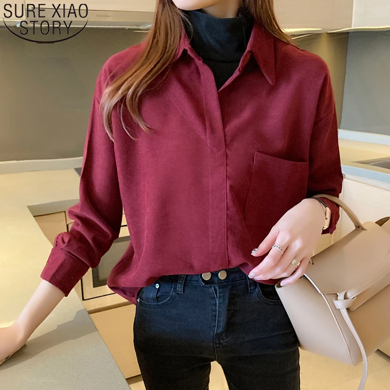 

2021 Winter Clothes Women Corduroy Blouse Office Ladies Long Sleeve Shirt Female Korean Fashion Loose Red Shirts Blusas 12117