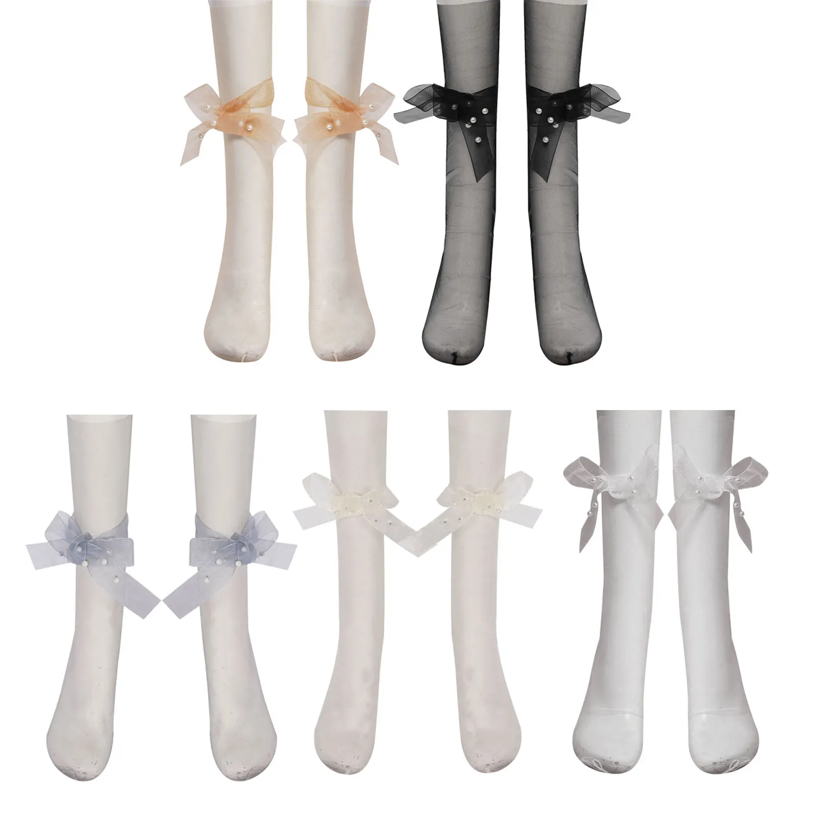 Elegant Pearl Bow Tulle Socks Women Transparent Mesh Lace Lolitas Socks Woman Socks Female Long Dress Ultra-thin Chiffon Socks images - 6