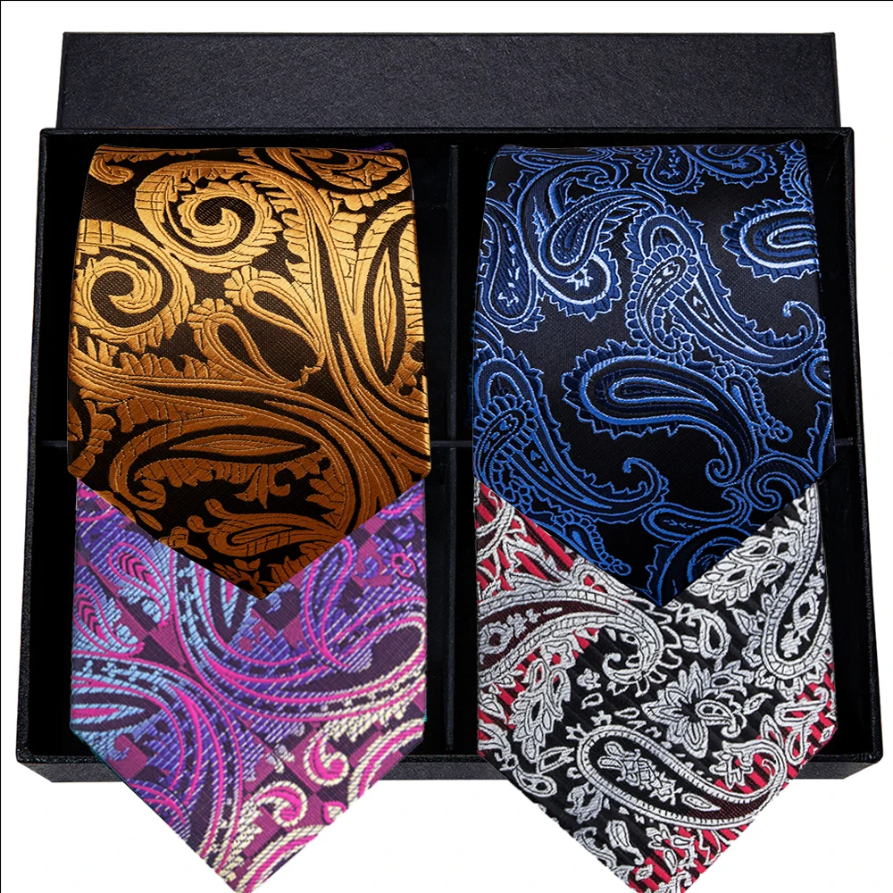 Hi-Tie Luxury Men's Tie Set Gold Navy Purple Paisley 100% Silk Necktie 8.5cm Ties For Men Handkerchief Cufflinks Wedding | Аксессуары