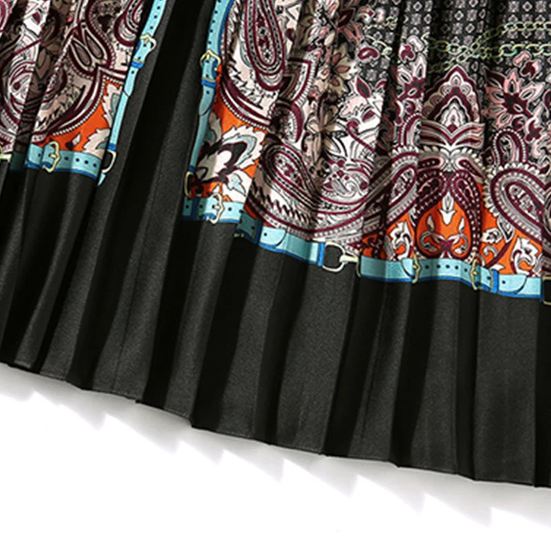 

Spring New Woman Pleated Mid Dress Elegant Ladies Slim Party Dress Vintage Printed Female Dresses Full Sleeve Woman Dress