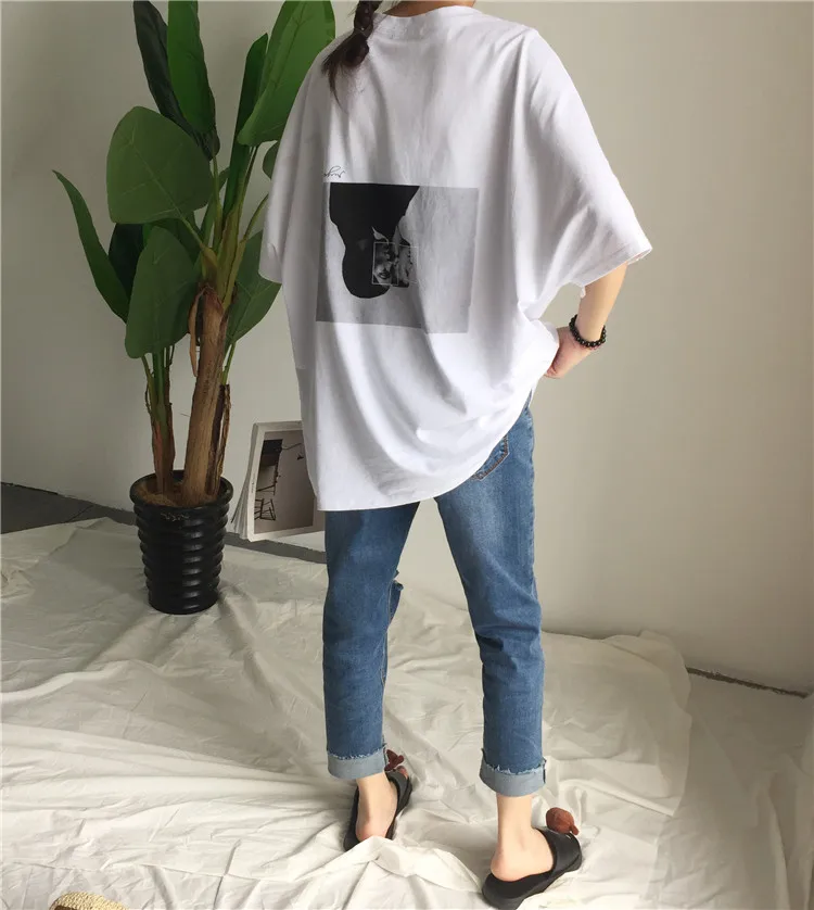 

2021 Summer Oversize Loose Character Printed Back White Simple Short Sleeve Female T-shirts