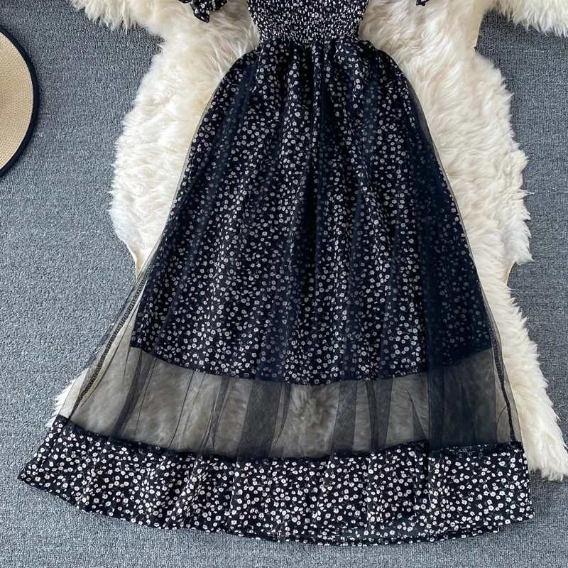 

2021 New Summer Sweet Women Floral Chiffon Long Dress French Elegant Fold Puff Sleeve Gauze Robe Sexy Ladies Vintage Clothes