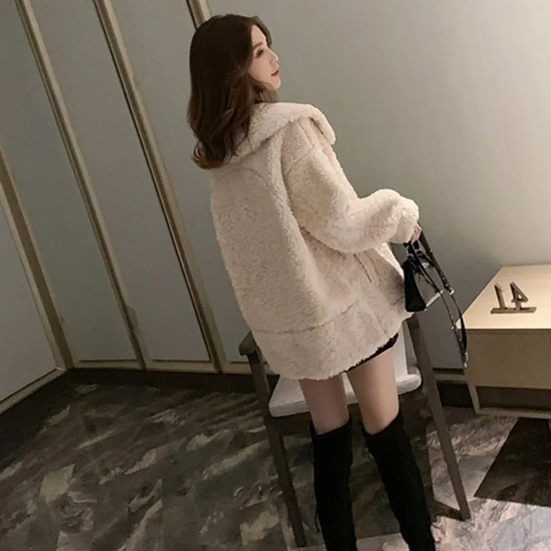 

Loose Winter Women Fit Hairy Jacket Kawaii Outwear Coat Casual Streetwear Single Breasted Lapel Collar Female Faux Fur Jackets