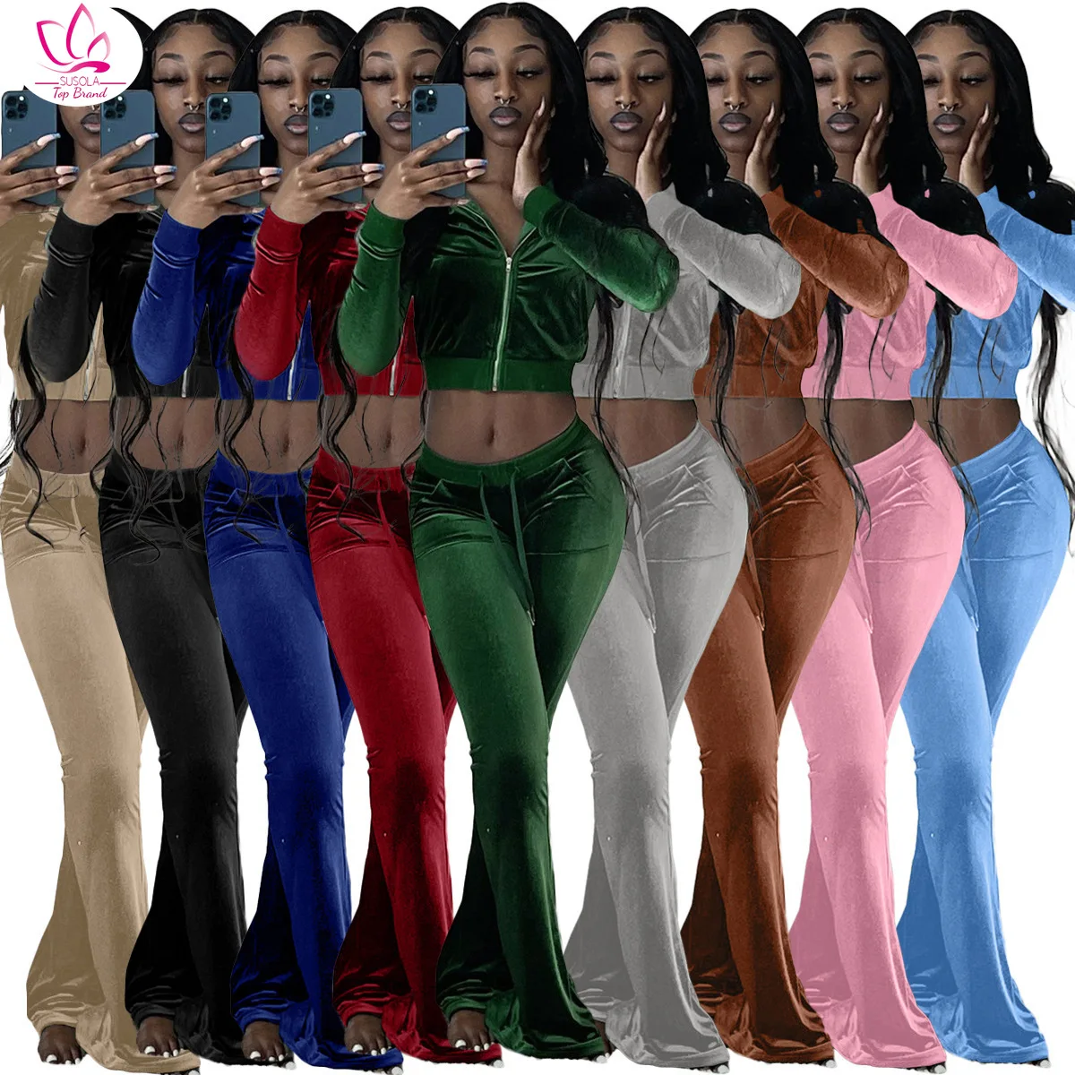 

Осенне-зимний женский уличный Повседневный Спортивный однотонный Бархатный комплект из двух предметов топ и брюки спортивный костюм наряд...