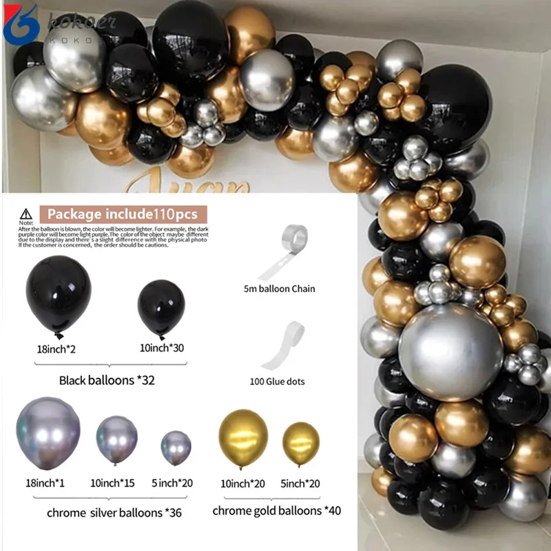 

110pcs Chrome Silver Gold Balloons Arch Kit Black Balloon Garland Wedding Birthday Hawaiian Party Decor Kids Baby Shower Globos
