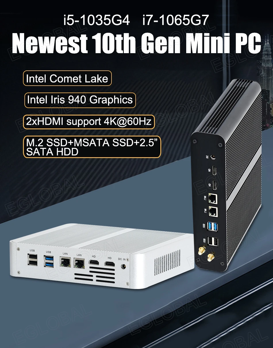 Eglobal процессор Intel Core I7 1065G7 охлаждающий вентилятор мини ПК 64 ГБ DDR4 M.2 NVME SSD Windows 10 pro