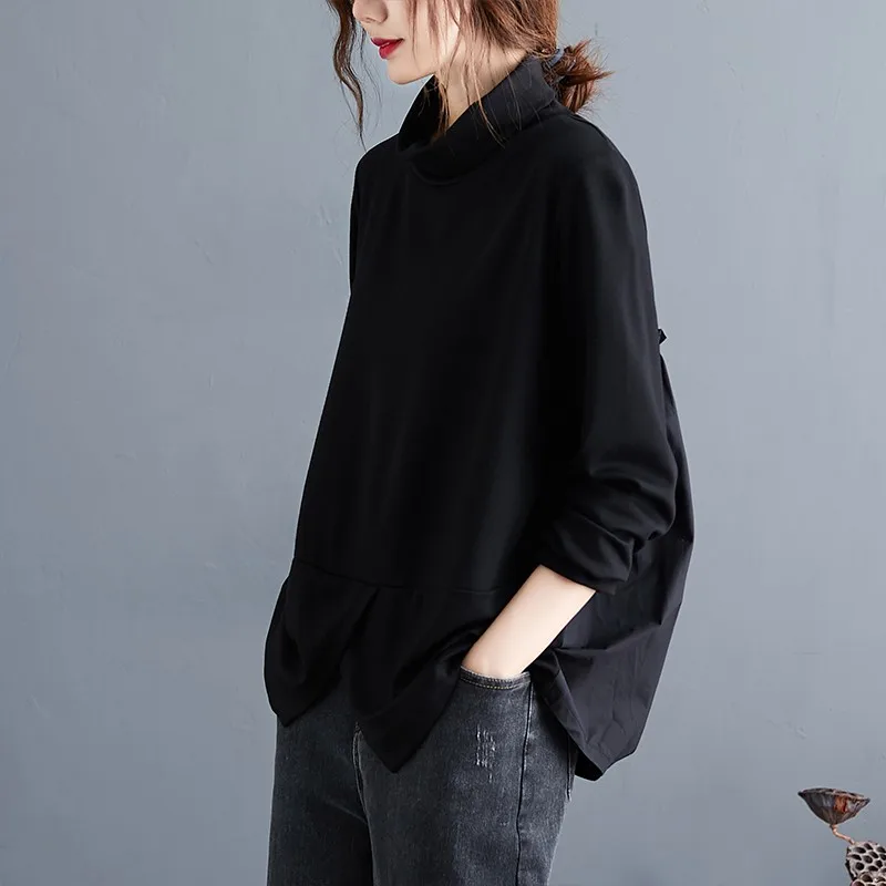 

Oversized Women Autumn Long Sleeve T-shirt New 2020 Autumn Vintage Turtleneck Loose Comfortable Female Black Tops Shirts S1546