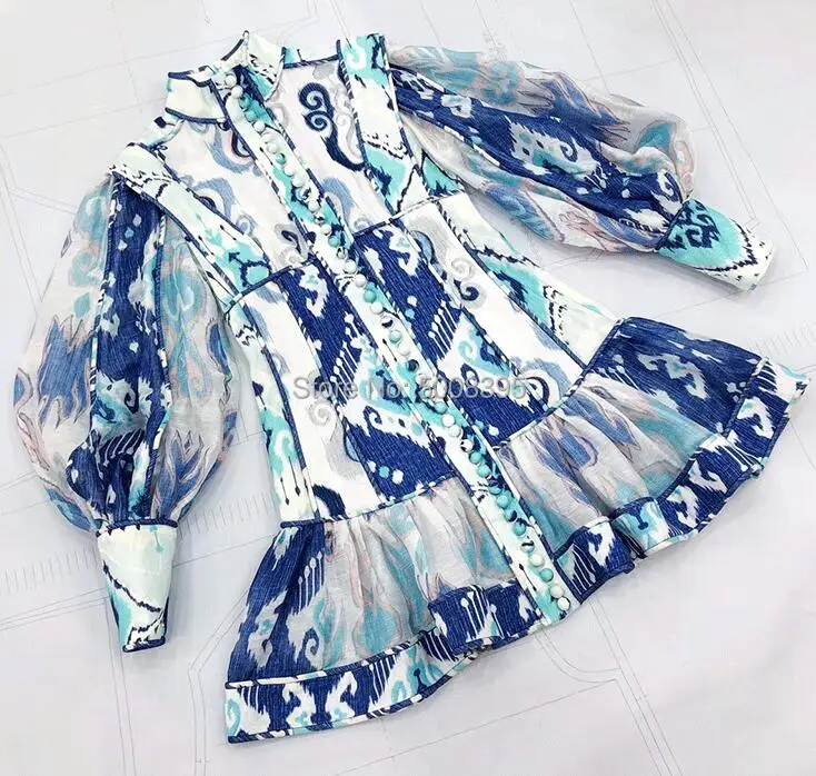 Платье мини из шелка и льна с воротником стойкой оборками|Женские платья| |