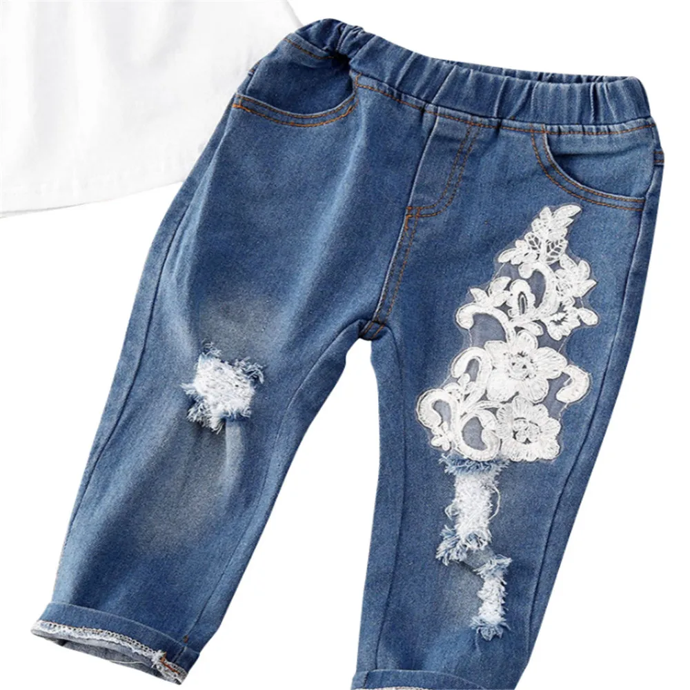 

2020 Fashion Baby Girls Clothes Short Sleeve Off Shoulder Solid Tops+Lace Flower Pants Summer 2PCS Outfits Set