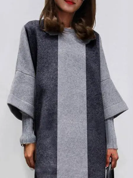 

S-4XL Women Autumn Vintage Stripe Long Sleeve Woolen Mini Dress Female New Winter Casual O Neck Loose Elegant Polyester Dress