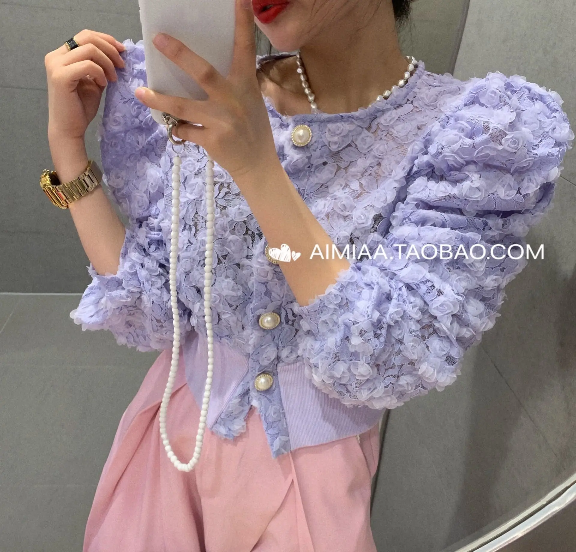

2021 Spring Floral Patchwork Puff Sleeve Pearl Buckle Semi-transparent Mesh Short Shirt Women Sweet Solid Color Women Tops