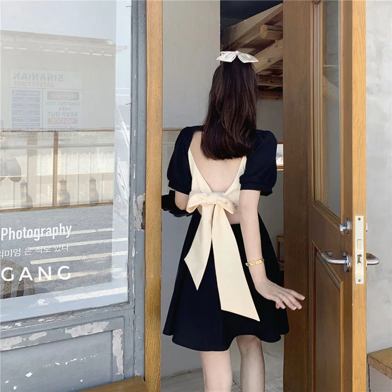 

Женское мини-платье с открытой спиной, повседневное милое винтажное платье в Корейском стиле с бантом и коротким рукавом, лето 2021