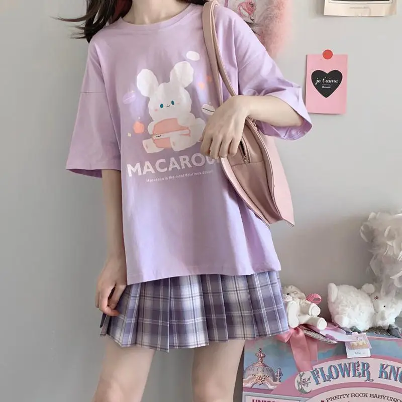 

Cute Cartoon Sweet Girls Japanese Harajuku Kawaii Casual Tops Loose Little Rabbit Print Summer 100% Cotton Women T-Shirt