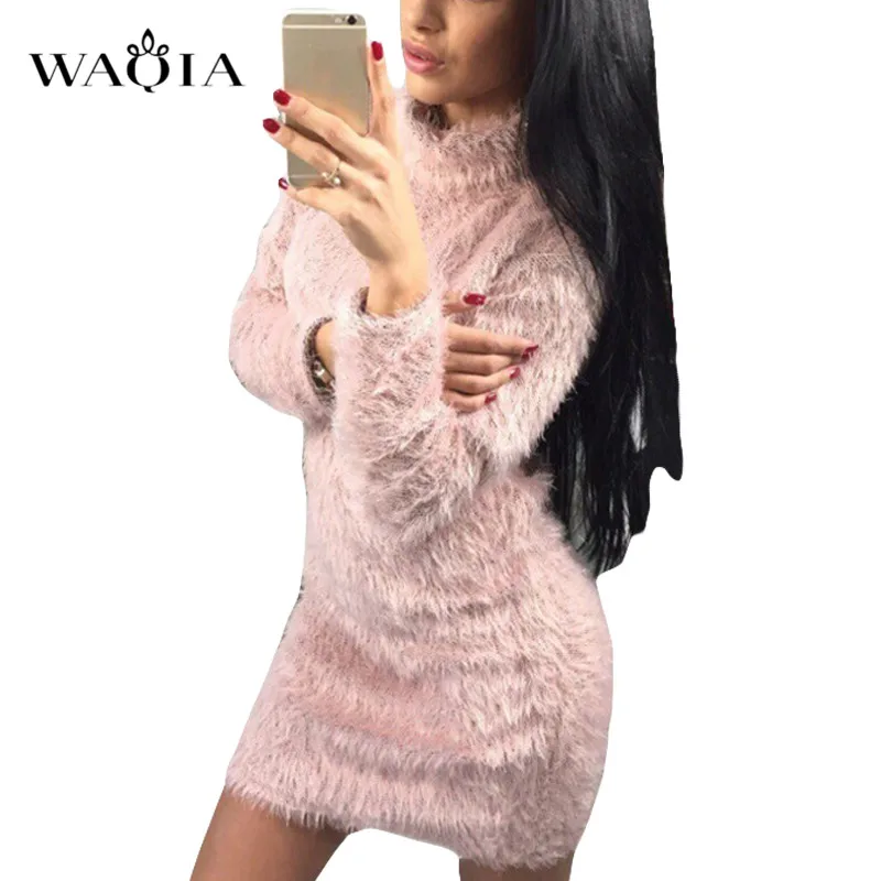 Зимний плюшевый свитер платье для женщин осень длинный рукав водолазка вечерние