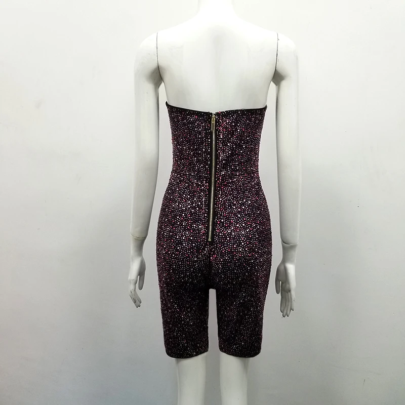 

New Celebrity Pink Purple Bright Strapless Rayon Bandage Playsuit Top Quality Evening Party Jumpsuit