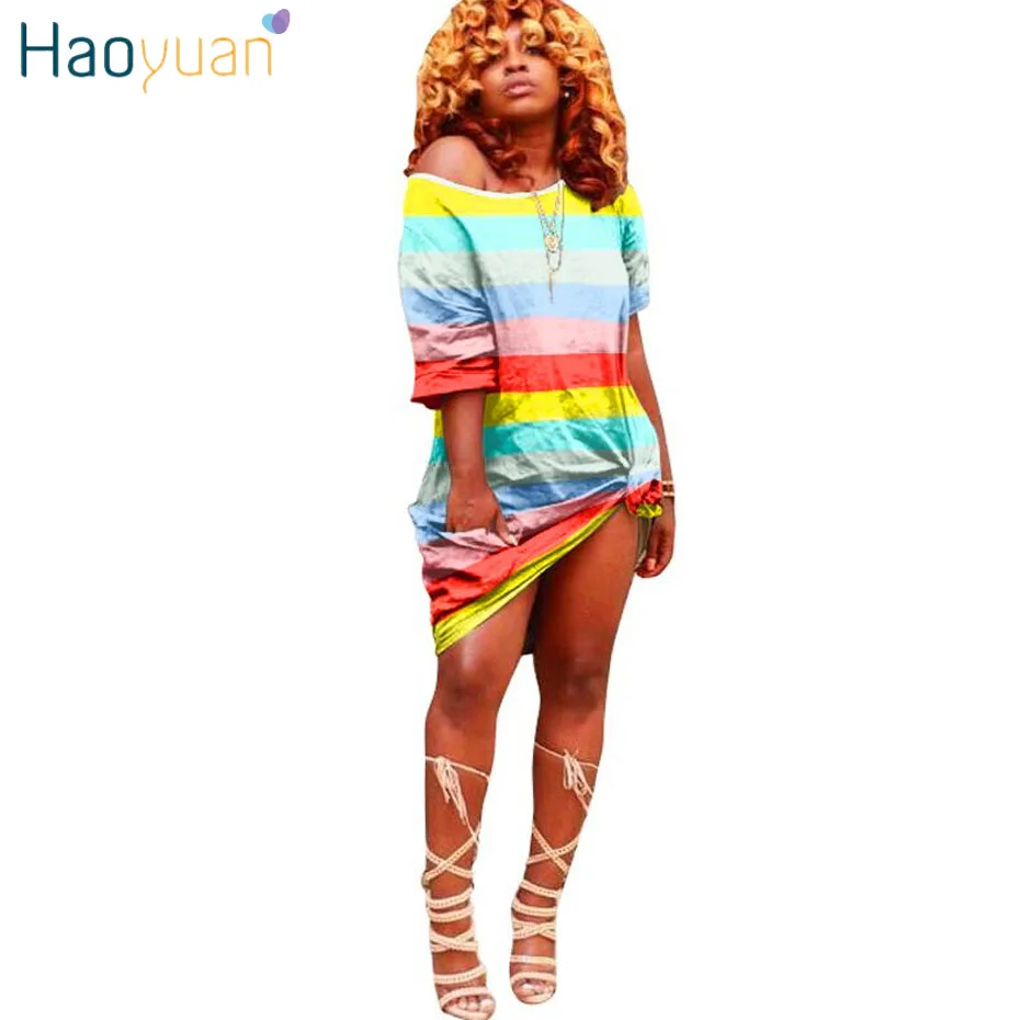 HAOYUAN Радужное Полосатое платье размера плюс, женская одежда Vestidos, повседневное свободное мини-платье с коротким рукавом, платье-рубашка размера d