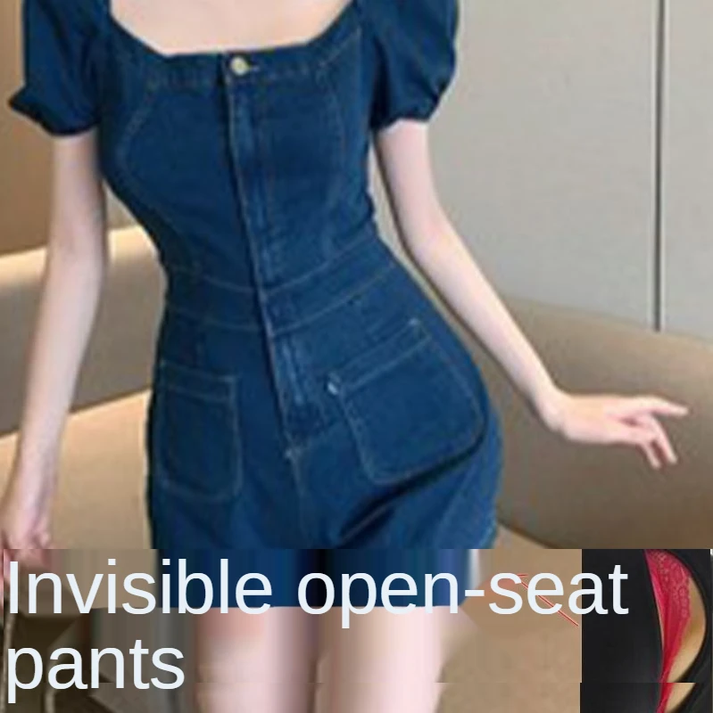 

Короткий женский модный джинсовый комбинезон с рукавами-фонариками в стиле ретро, Облегающий комбинезон с зауженной талией и широкими штан...