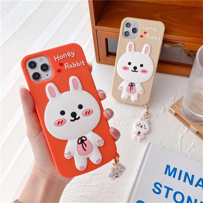 

Korean Cute Pink Face White Rabbit + Pendant Silicone Phone Case for Iphone 12 11 Pro Max Xs Xr 7 8 Plus Se 2020 Soft Back Cover