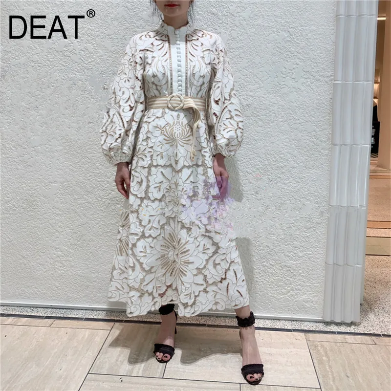 Женское однобортное платье с рукавами фонариками DEAT кружевное ажурное для