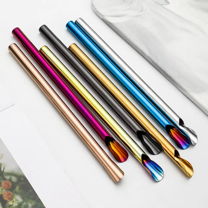 

1pc Reusable Colorful Drinking Straws Stainless Steel Sturdy Straight Drinks Straw Stirring Spoon Smoothie Mixing Spoon 21.5cm