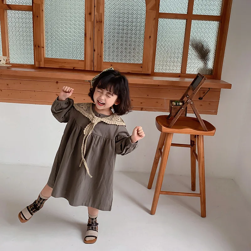 

2021 Spring New Kids Dresses For Girls Lace Hollow Out Collar Children Long Sleeve Princess Dress Fashion Girls Costume Vestidos