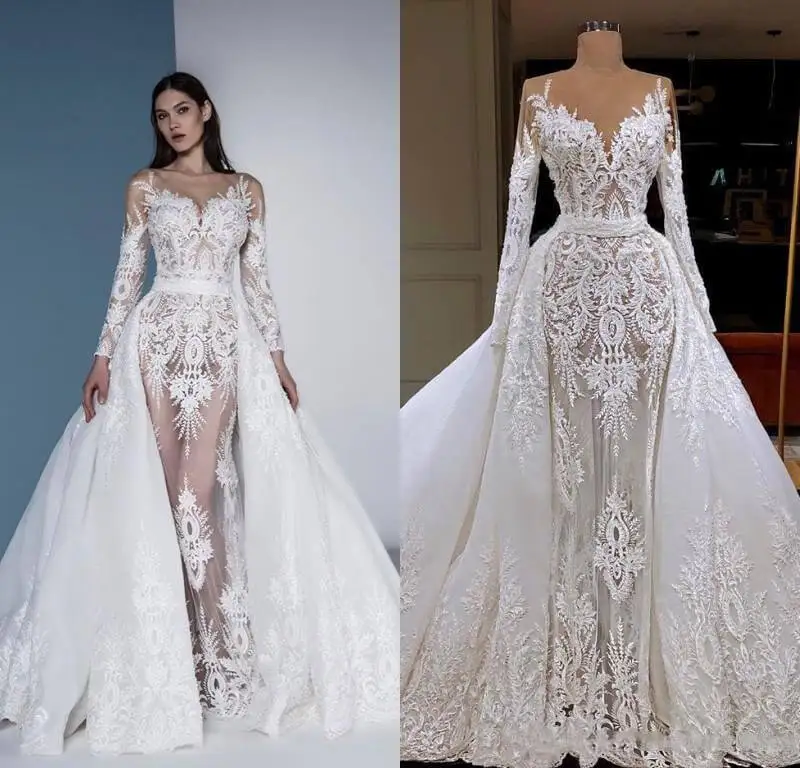 Robe De Mariee Hot Long Mermaid Wedding Dress Detachable Train Luxury Dubai Sheath Lace Appliqued Bridal Gown Bride Dresses