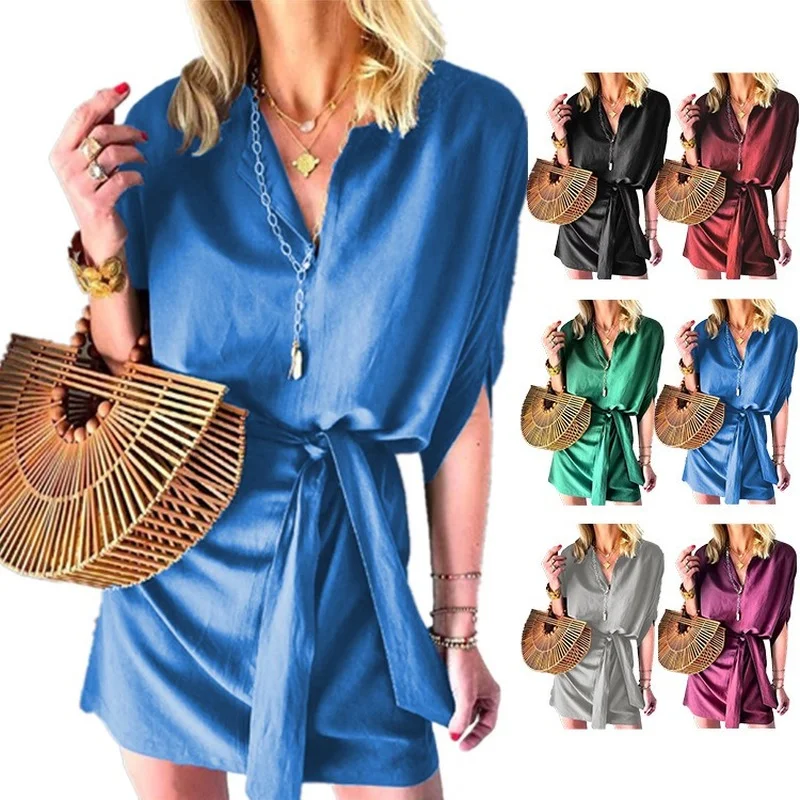 

Summer Women's Shirt Dress Chiffon Short-sleeved Summer Dress with Belt A-line Party Mini Dress
