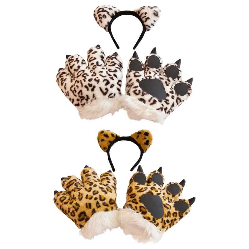 

Plush Leopard Cosplay Costume Set Ears Headband 3D Animal Paw Gloves Party Props H9ED