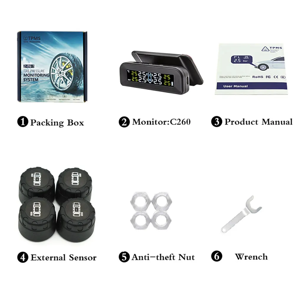 

Car TPMS Solar Tire Pressure Monitoring System For Universal Car Truck Digital Display Tyre Pressure Sensor Gauge Tmps Alarm