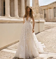 vintage bohemian lace applique 2021 wedding dresses deep v neck backless short sleeves bridal gowns sweep train boho brides gow