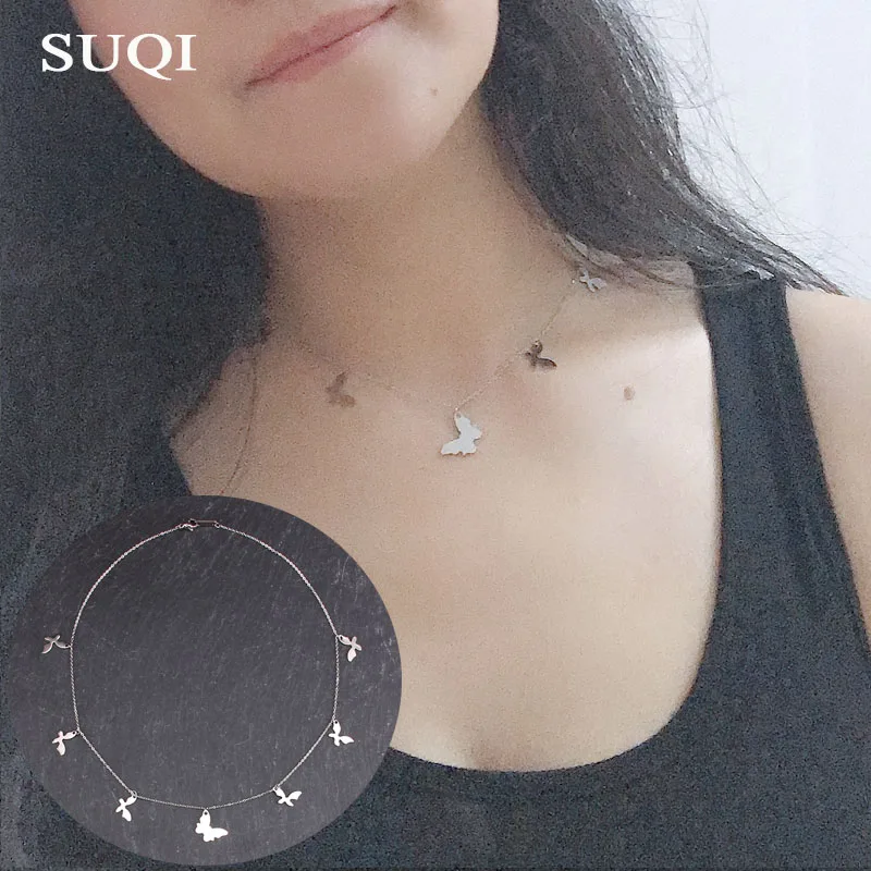 SUQI, не выцветающее ожерелье из нержавеющей стали, якорь, Бабочка, звезда, примечание, женское колье, серебряные ожерелья, подвески, Женская цепочка, ювелирное изделие
