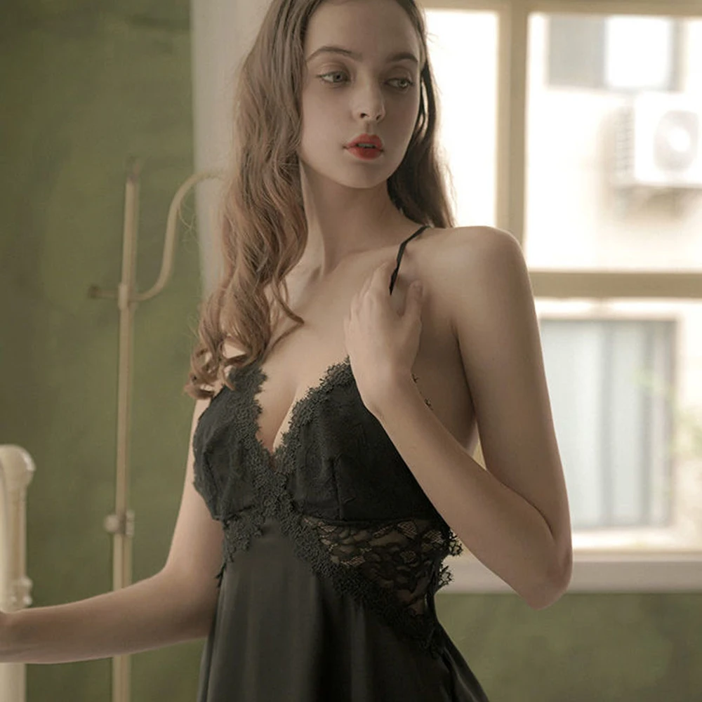 

Women Erotic Baby Dolls Lace Silk Sleepwear Sexy Lingerie Backless Deep V Dress Floral Nightgowns Christmas Xmas Gift