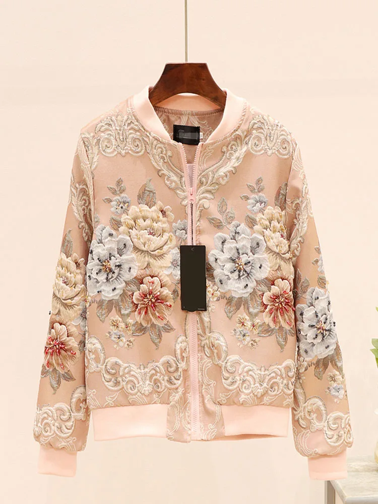 

Women Vintage Beading Short Jacket Fashion Floral Embroidery Zipper Coats And Jackets Ladies Long Sleeve Spring Autumn Outerwear