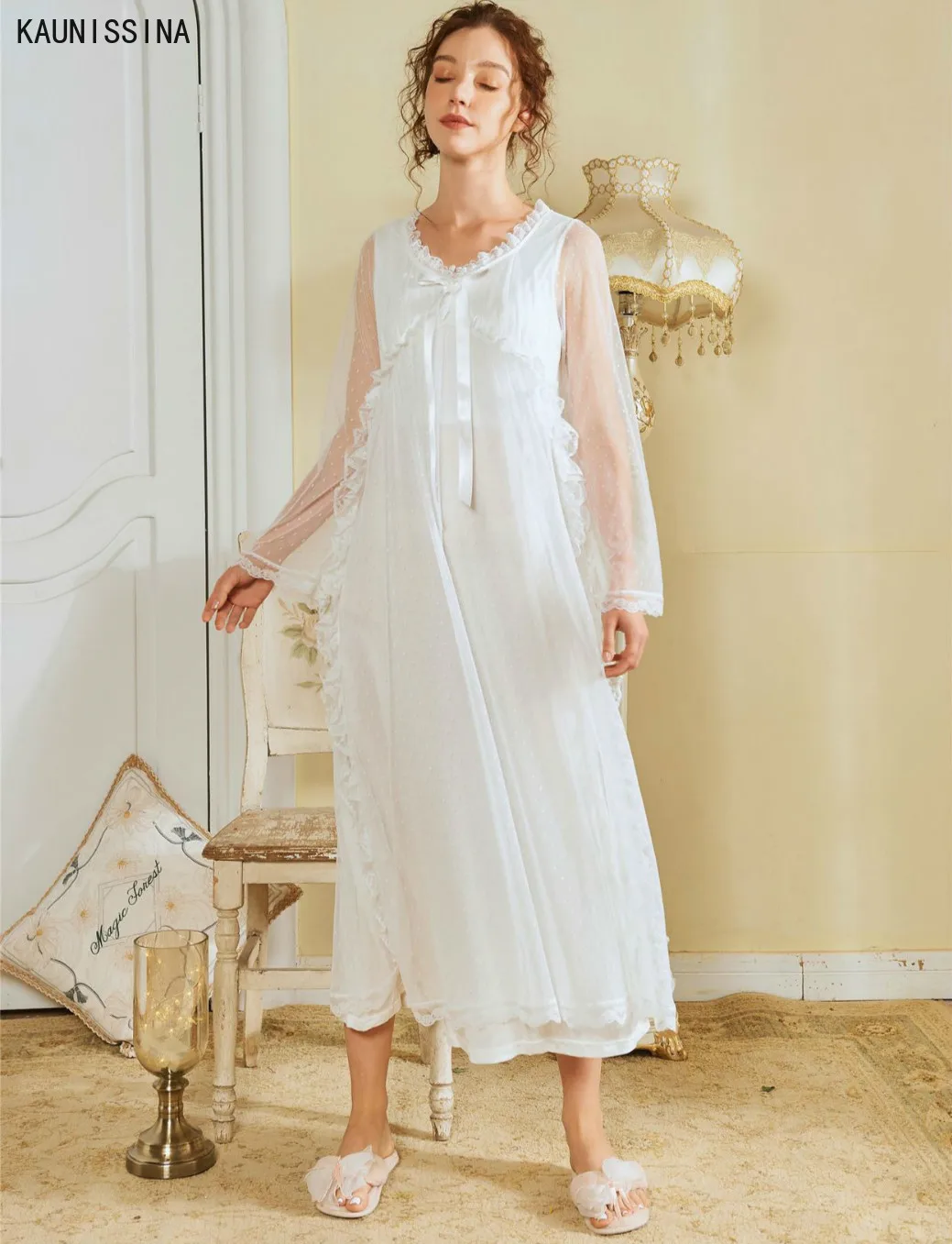 

Vintage Women's Long Cotton Nightgown V-Neck Long Sleeve Elegant Autumn Spring Lace Princess Elegant Loose Soft Nightwear Dress