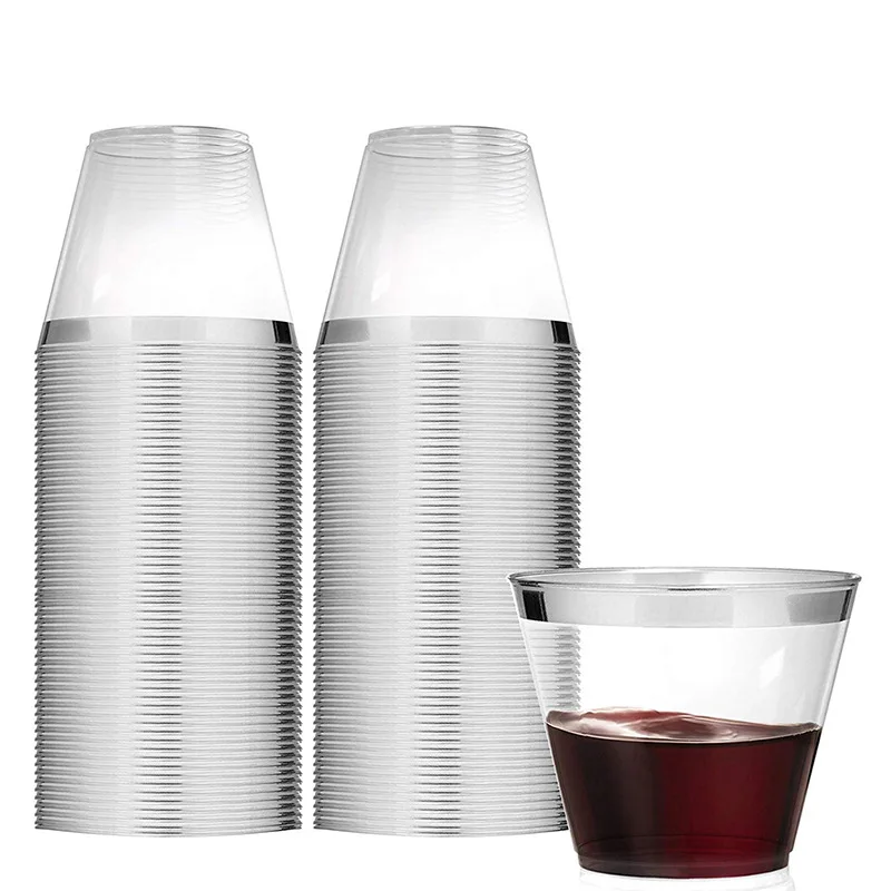 100 шт. серебряная оправа Пластик чашки 9Oz 250ml прозрачные одноразовые стаканы