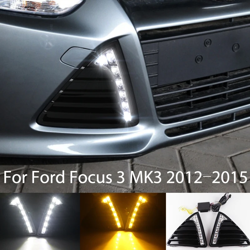 

For Ford Focus 3 MK3 2012~2015 Daytime Running Light DRL LED Fog Lamp Cover With Yellow Turning Signal Functions