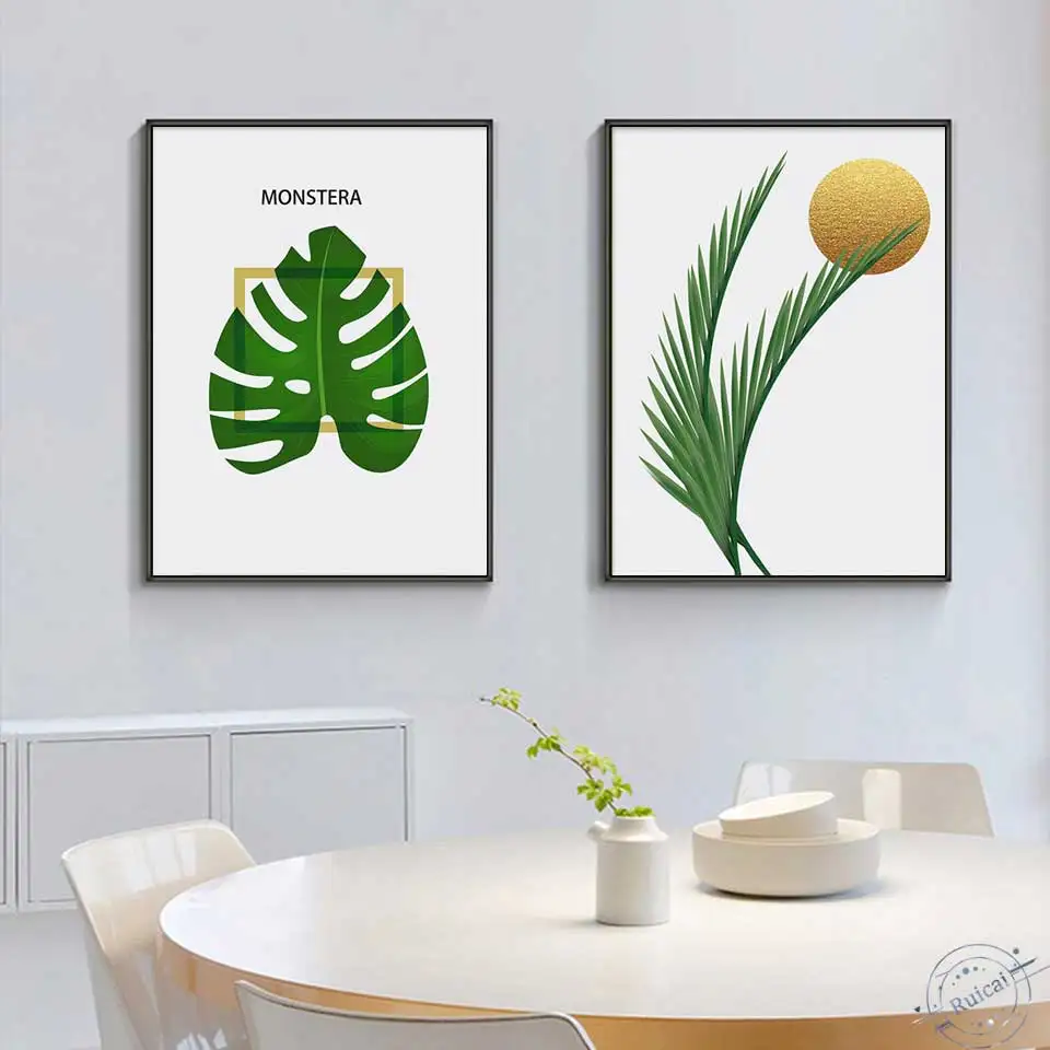 Spain modern Wall Art Painting Print Poster Golden Sun and monstera Green leaf Picture for Living Room home Decoration | Дом и сад
