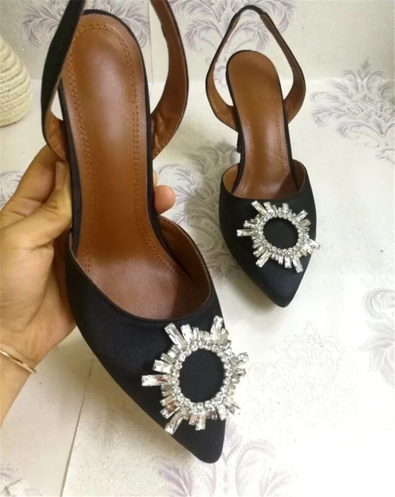 

10cm Thin Heel Point Toe Summer Shoes Woman Back Strap Luxury Satin Jeweled Crystal Sunflower Buckle Sandals Women