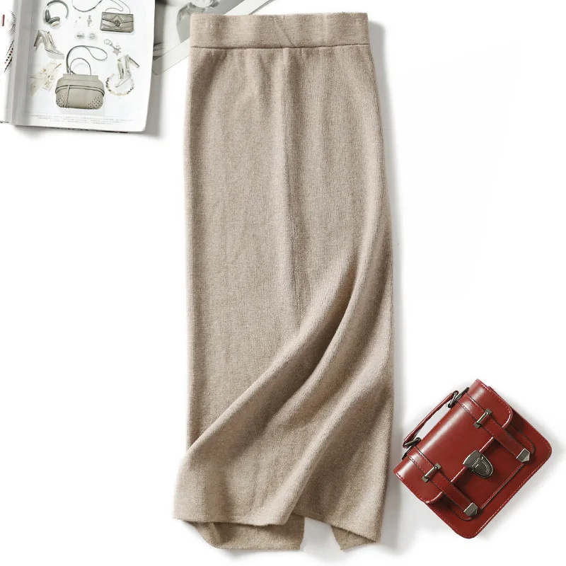 

2020 autumn winter women mink cashmere pencil skirt female thick midi sweater skirt sexy split back bodycon skirt
