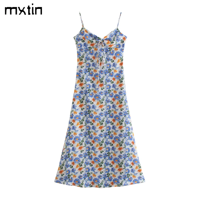 

MXTIN 2021 Women Summer Fashion Sexy Floral Print Bow Tie Midi Dress Vintage V Neck Sleeveless Backless Female Party Dresses