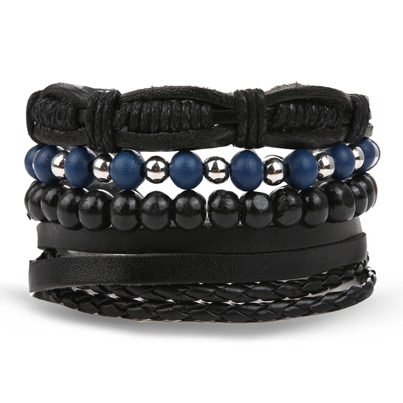 IFMIA богемные деревянные плетеные браслеты ручной работы, браслеты Pulsera для мужчин, винтажный многослойный синий кожаный браслет с бусинами, браслеты