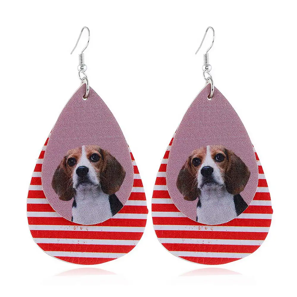 

ZWPON Cute Cats Dogs Print Layered Leather Earrings 2020 Trendy Stripe Animal Print Independence Day Earrings Jewelry Wholesale