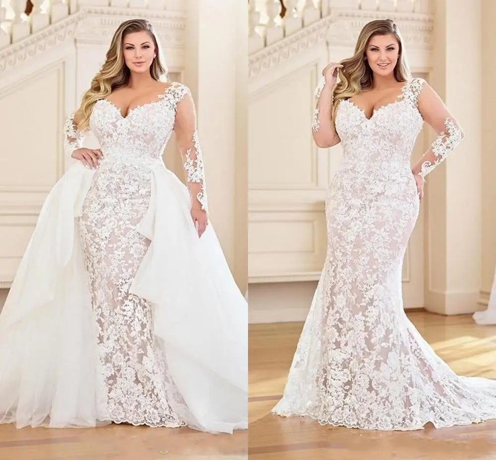 

Plus Size Mermaid Lace Dresses for Wedding Party with Detachable Train 2020 Applique Bridal With Long Sleeve Vestidos De Novia