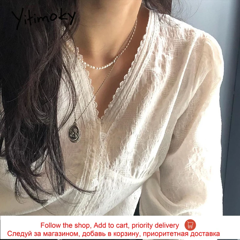 

Yitimoky Cotton Button Up Shirt White Long Lantern Sleeve Blouse Women Korean Fashion Sweet Lace V-Neck New Casual Spring 2021