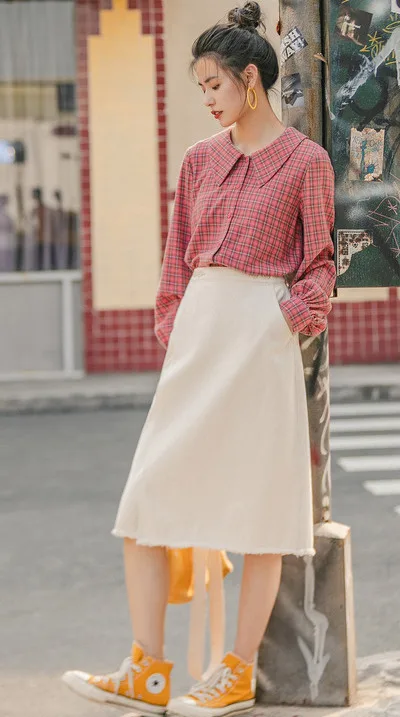 INMAN Winter New Arrival Literary Retro 100%Cotton Doll Collar Plaid Loose Long Sleeve Women Blouse