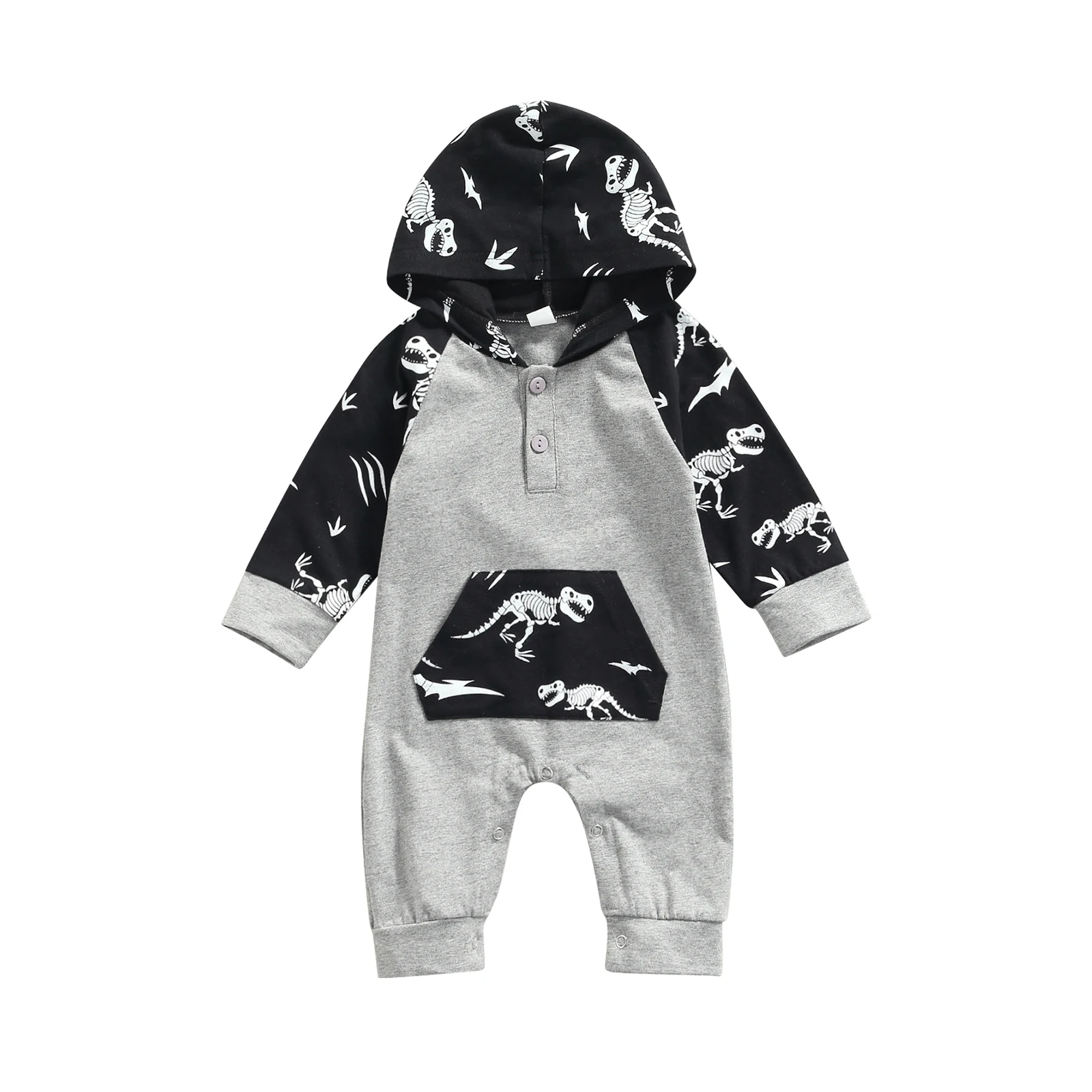 

2021 Autumn Casual Toddler Hooded Jumpsuit with Dinosaur Cartoon Animal Print Loose Fit Casual Style Spring Clothing