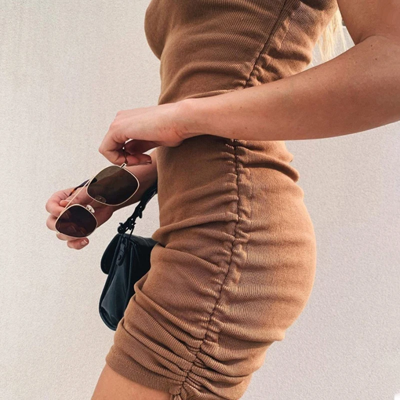 

Bodycon Dresses Women Drawstring O-Neck Solid Color Causal Summer Dress Wrap Pleated Mini Party Dress Sleeveless Holiday