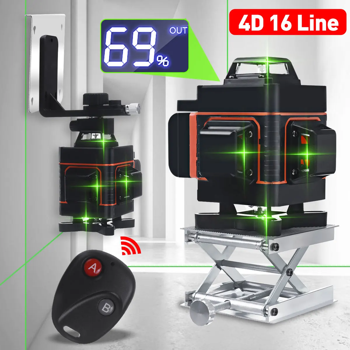

4D Laser Level 16/12/8 Lines Green Light LED Display Auto Self Leveling 360° Rotary Horizontal Vertical Measure Remote Control